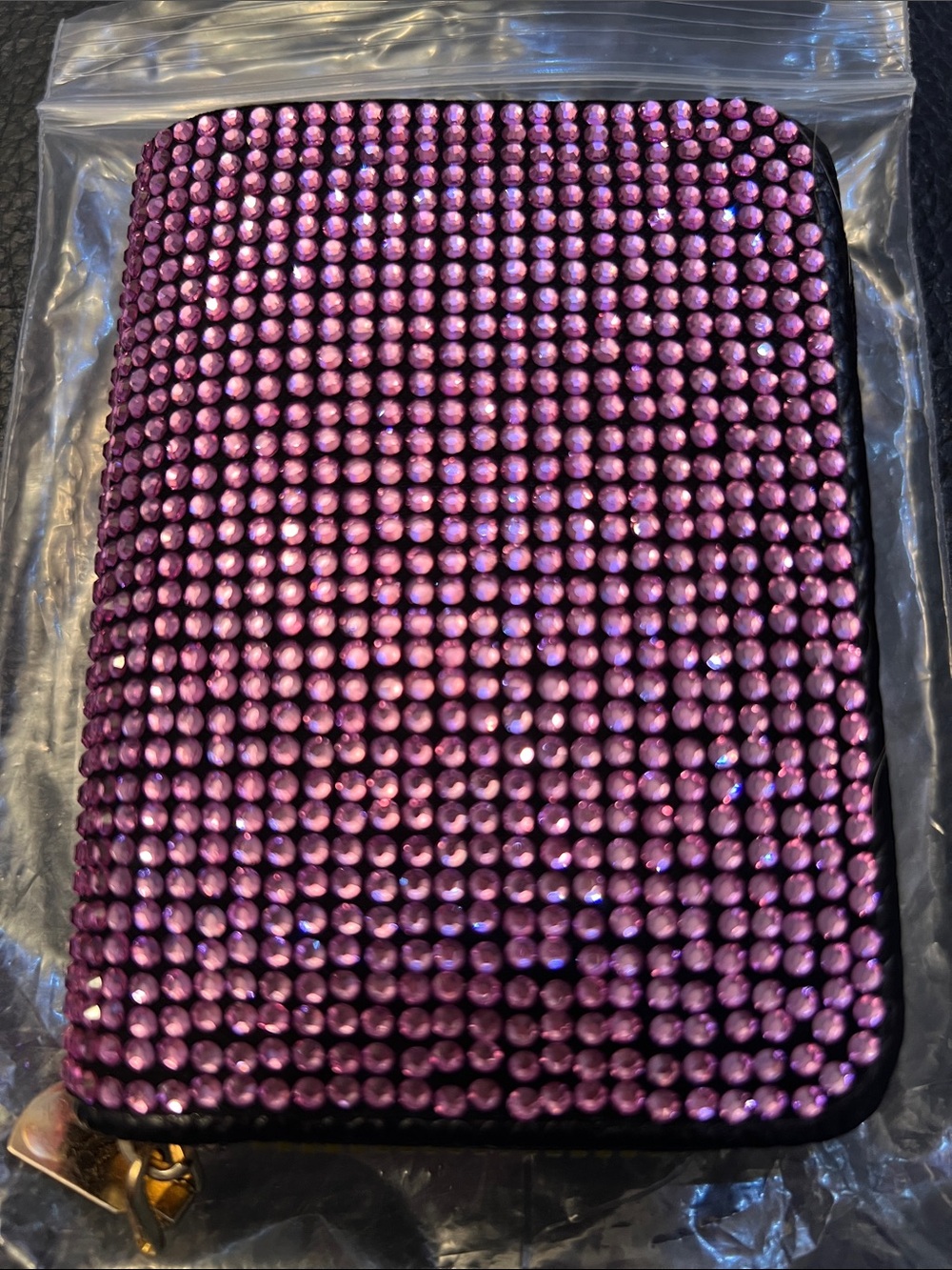 CARD HOLDER with PURPLE CRYSTALS, 11 SLOTS and ZIP CLOSE.